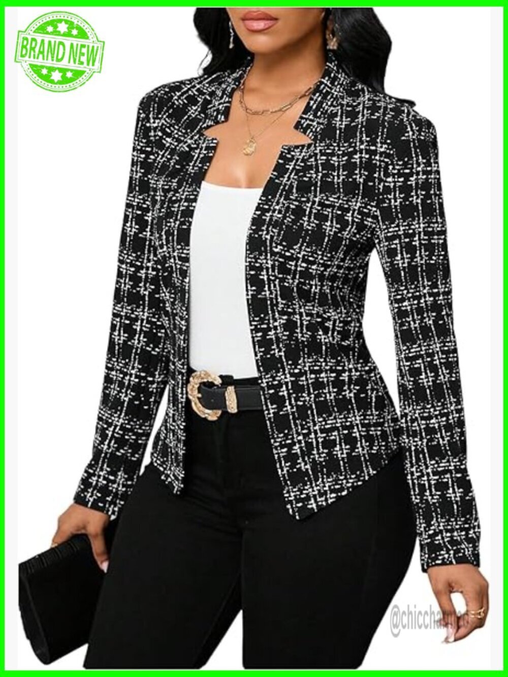 Elegant Tweed Blazer Open Front Long Sleeve Work Suit Jacket